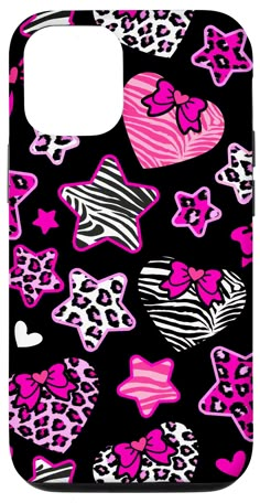 a black phone case with pink and white hearts on it's side, featuring leopard print