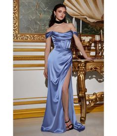 Cinderella Divine  Smokey Blue Satin Off the Shoulder Corset Bridesmaid Gown Off Shoulder Evening Gown, Corset Gown, Classy Gowns, Cinderella Divine, Plus Size Formal Dresses, Dress Guide, Corset Bodice, Bridesmaid Dresses Prom, Stunning Gowns