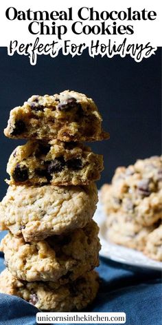 three oatmeal chocolate chip cookies stacked on top of each other with text overlay