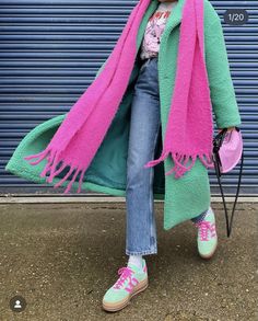 Adidas Gazelle Mint Green Outfit, Pink And Green Winter Outfit, Pink And Green Gazelles, Green Teddy Coat Outfit, Hot Pink Boots Outfit, Adidas Gazelle Street Style, Pink Trainers Outfit, Pink Gazelle Adidas Outfit, Adidas Gazelle Women Outfit