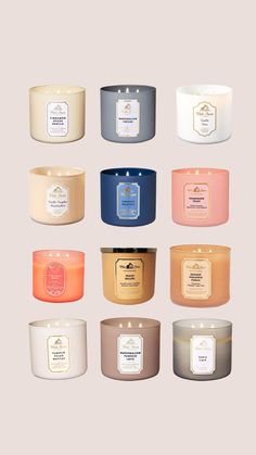 many different types of candles on a white background