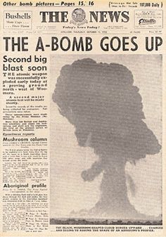 the front page of an old newspaper with a silhouette of a nuclear mushroom on it