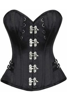 Top Drawer Black Satin Steel Boned Overbust Corset w/Buckles - Daisy Corsets Gothic Fitted Corset With Hook And Eye Closure, Black Satin Gothic Corset, Black Gothic Satin Corset, Gothic Black Satin Corset, Gothic Satin Corset With Corset Back, Over Bust Corset, Modesty Panel, Steel Boned Corsets, Striped Shoes