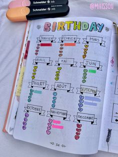 an open planner with the words birthday written on it and some markers next to it