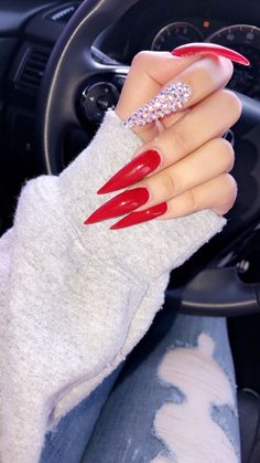 Stellitoes Nails Designs, Valentines Nails Stiletto, Long Red Stiletto Nails, Fancy Red Nails, Long Acrylic Nails Stiletto, Red Acrylic Nails Ideas, Acrylic Nails Stiletto