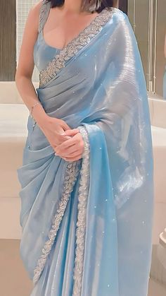 Desi Party Outfits, Ice Blue Saree Party Wear, Saris For Farewell, Pretty Sarees Classy, Light Blue Saree Aesthetic, Sari For Graduation Day, Outfit Ideas For Sister's Wedding, Pastel Color Sarees Party Wear, Blue Farewell Saree