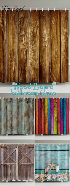 the wood paneled bathroom shower curtain is colorful