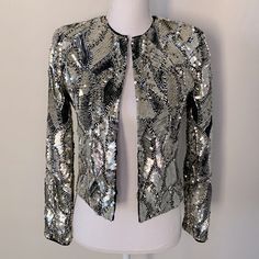 Worn Once, Excellent Condition Luxury Fitted Sequin Outerwear, Designer Spring Party Outerwear, Luxury Long Sleeve Sequined Outerwear, Designer Embellished Outerwear For Party, Designer Embellished Party Outerwear, Designer Fitted Embellished Outerwear, Designer Fitted Outerwear For Party, Sequin Jacket, Alice Olivia