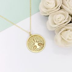 14k Solid Gold Tree Of Life Necklace Charm For Women, Tree Of Life Disc Pendant, Yggdrasil Necklace, Celtic Jewelry, Engraved Tree Of Life  ⬇️ Click for other chain models: ⬇️ https://www.etsy.com/listing/1699020677/chain-necklace-925-sterling-silver-chain?click_key=90aca993e7f19c24d0ee2642cd1c7d0d1b4eb76f%3A1699020677&click_sum=b6dc47ca&ref=shop_home_active_20&pro=1&sts=1 🔎 Material: in 925 sterling silver and 14k solid gold ⛓️📏 Chain length: 17.7 inches (45cm), 19.6 inches (50cm), 21,6 inche Sterling Silver Yellow Gold Tree Of Life Necklace, Yellow Gold Sterling Silver Tree Of Life Necklace, Symbolic Gold Jewelry With Tree Of Life, Tree Of Life Jewelry Gift, 14k Gold Tree Of Life Jewelry Gift, Tree Of Life Round Pendant Jewelry Gift, Engraved Gold Nature-inspired Necklace, Gold Tree Of Life Nature-inspired Jewelry, Nature-inspired Engraved Gold Necklace