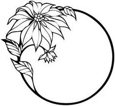 a black and white drawing of a flower in a circle with leaves on the side