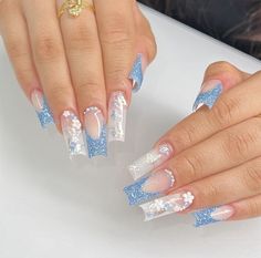 Baby Blue Butterfly, Blue Prom Nails, Blue Christmas Nails, Blue And Silver Nails, Prom Nails Silver, Quinceanera Nails, Blue And White Nails, Light Blue Nails