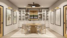 a dining room with white walls and cabinets