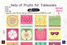 an image of a set of fruits for tableware with numbers and pictures on it