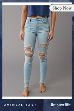 Next Level Stretch/Our softest, stretchiest, never-loses-its-shape denim/Won't bag out. Ever./Light wash/Ripped Stretch Distressed Bottoms For Everyday, Everyday Stretch Distressed Bottoms, Distressed Stretch Bottoms For Everyday, Distressed High Rise Jeggings, Everyday High Rise Distressed Bottoms, High Rise Stretch Distressed Jeggings, Ripped Stretch Jeggings For Fall, Ripped Bottoms For Everyday Fall Wear, Trendy Ripped Bottoms For Everyday Wear