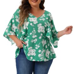 Designed specifically for plus-size women, these tops offer a comfortable and flattering fit that celebrates curves. The flowy sleeves and loose chiffon fabric create an effortless and relaxed style, perfect for casual summer looks. The V neckline adds a touch of femininity and enhances natural beauty. It creates an elegant and elongating effect, making you look and feel good. Featuring vibrant and eye-catching floral prints, these tops add popular color and a fresh, summery vibe to the outfit. Plus Size Summer Casual, Babydoll Blouse, Beautiful Prints, Plus Size Brands, Flowy Sleeves, Plus Size Summer, Summer Blouses, Popular Color, Hem Style