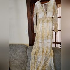 Never Worn Cream Lace Maxi Dress For Party, White Maxi Dress For Party, White Long Maxi Dress For Party, White Sheer Floor-length Dress, Long Cream Dress For Party, White Sheer Evening Dress, Long Cream Party Dress, Long Cream Evening Dress, Cream Long Evening Dress