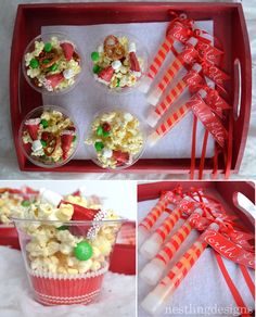 red tray filled with cupcakes, popcorn and candy