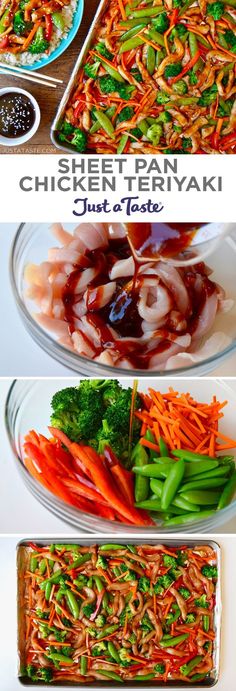 three pictures showing different types of food being cooked in pans and then topped with chicken teriyaki