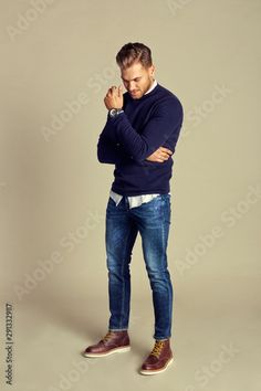 Stock Image: Handsome Charming Fashionable Young Adult Man with Blue Chic Elegant Autumn - Winter Outfits 40 Yr Old Mens Fashion, Men’s Fashion Over 40, Men’s French Fashion, Men Chic Outfit, Men’s Fall Fashion 2024, Preppy Mens Outfits, Business Casual Men Winter, Shoes For Couples, Tall Men Fashion