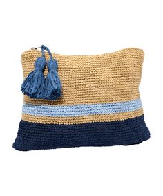 This cheerful waterproof bag is a beach day must-pack. Keep your essentials safe from the sea or store your wet bathing suit in style. Dimensions: Height=8.25” Length/Width=10.5” Materials Body: 100% paper raffia Lining: 100% polyester Blue Woven Beach Bag For Travel, Lightweight Blue Beach Bag, Natural Pouch Beach Bag, Beach Season Travel Pouch Beach Bag, Pouch Beach Bag For Travel During Beach Season, Blue Pouch Beach Bag For Travel, Eco-friendly Beach Bag In Pouch Shape, Eco-friendly Beach Pouch Bag, Rectangular Travel Pouch For Summer