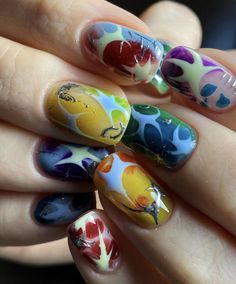 Nail Art Themes, Simple Hippie Nails, Stained Glass Window Nails, Weird Nails Design, Botanical Nail Art, Funky Nail Ideas, Eclectic Nails, Mlp Nails, Weird Nails