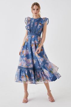 Autumnal prints are here...😍 Shop the Lace Trim Organza Midi Dress online now. Organza Midi Dress, Gala Outfits, Organza Dresses, Met Gala Outfits, Blue Midi Dress, Guest Outfit, On Repeat