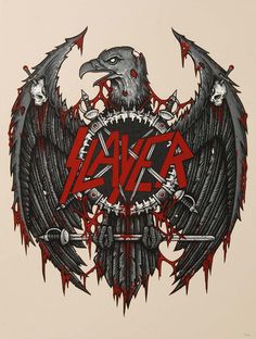 a drawing of an eagle with the word slayer on it's chest and two swords in its claws