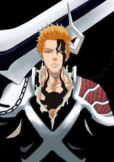 an anime character with orange hair and black eyes holding two large swords in his hands