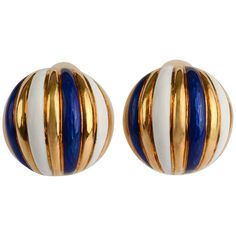 Dome shaped earrings by Tiffany in which bands of 18 karat gold alternate with bands of blue and white enamel. They are 3/4 inch in diameter. Clip backs can be converted to posts. Tiffany Earrings, Platinum Earrings, Vintage Tiffany, Bold Rings, Tiffany Jewelry, Gold Clips, Porcelain Jewelry, Jewelry Lookbook, Tiffany And Co