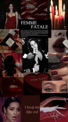 a collage of photos with candles, lipstick and other things in the background that are red