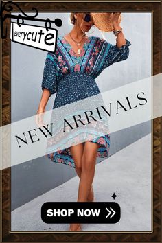 Blue Floral Printed Bohemian V Neck Dress Patterned Floral Print V-neck Boho Dress, Bohemian V-neck Floral Print Maxi Dress, Bohemian Blue V-neck Floral Dress, Bohemian Floral Print V-neck Summer Dress, Spring Paisley Print Boho V-neck Dress, Color Pick, V Neck Dress, Shop Now, Floral Prints