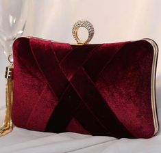 New Dark Red Burgundy Velvet Evening Clutch Handbag With Crystal Ring Closure - Detachable Gold Shoulder Chain Inside- Fits Iphone 8'' width x 5'' Height Elegant Red Evening Bag For Mobile Phone, Rectangular Burgundy Clutch For Party, Prom Bag, Velvet Clutch, Burgundy Velvet, Shoulder Chain, Red Burgundy, Crystal Ring, Evening Clutch