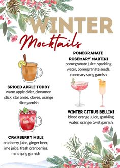 Winter Mocktail Menu - Etsy Christmas Party Mocktails, Christmas Food Menu Ideas, Dirty Snowman Cocktail, Jingle Juice Holiday Punch Alcoholic, New Years Dinner Ideas Traditional, Mocktail Recipe Winter, Brunch Mocktail Recipe, Mocktails Non Alcoholic Big Batch, Christmas Party Drinks Nonalcoholic