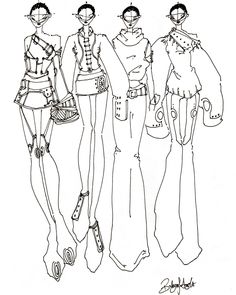 three women standing next to each other in front of a black and white line drawing