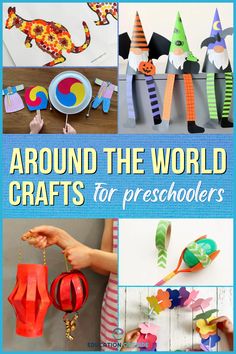 the cover of around the world crafts for preschoolers with pictures of paper animals and other items