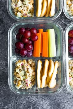 three glass containers filled with food and the words chickpea salad lunch box on top