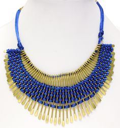 Blue Gold Oars Bohemian Necklace | Jewelry | Blue | Handmade Blue Brass Jewelry For Festivals, Adjustable Blue Necklace For Festivals, Blue Fair Trade Beaded Necklaces For Festivals, Blue Metal Necklace For Festive Occasions, Adjustable Blue Bib Necklace For Festivals, Adjustable Blue Bib Necklaces For Festivals, Gold Woven Jewelry For Festival, Traditional Gold Bib Necklace With Adjustable Fit, Gold Fair Trade Necklace For Festival