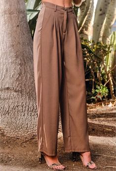 High waist, wide leg trouser. Tapered waist and belt loop detail Fit: True to size. Size up if you want an oversized look Fabric: 95% Polyester, 5% Spandex Suit Pant, Brown Pants, Oversized Look, Wide Leg Trousers, Jacket Tops, Wide Leg Pants, Jumpsuit Romper