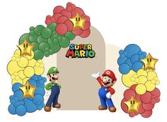 mario and luigi are standing in front of a super mario arch with balloons all around them