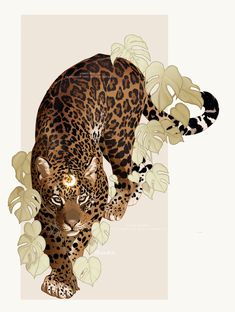 a painting of a leopard with flowers in the background