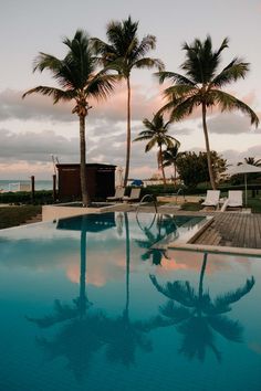 a pool with palm trees in the background and an ocean view behind it at sunset