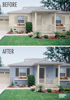 before and after photos of a home's front yard with flowers on the lawn