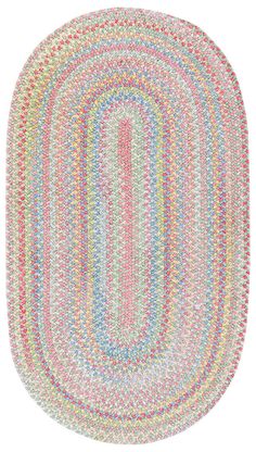 a multicolored oval rug on a white background with an oval design in the center