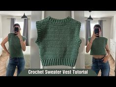 a woman taking a selfie in front of a mirror wearing a crochet sweater vest