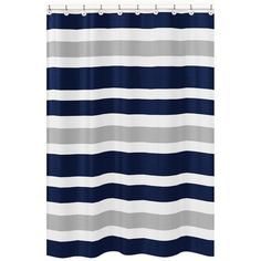 a blue and white shower curtain with horizontal stripes on the bottom, in front of a white background