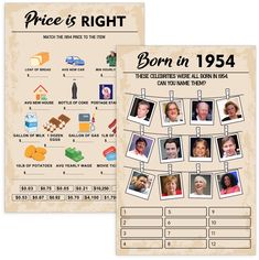 two posters with pictures on them and the words, price is right born in 1934