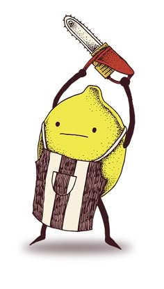 a drawing of a lemon holding a hairdryer on its head and wearing a striped shirt