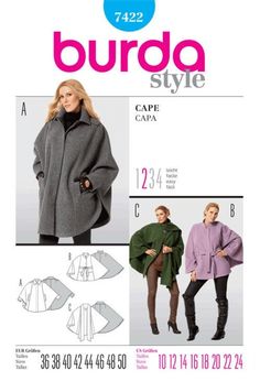 an image of a woman's cape and coat in two different styles, with the words burda style on it