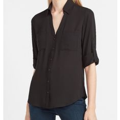 This Is A Nice Express The Portofino Roll Tab Long Sleeve Black Blouse/Shirt In Size M. Comfortable Stylish Look. New But Without Tags. Black Tops With Roll-up Sleeves For Work, Versatile Black Tops For Business Casual, Fall Business Casual Tops With Roll-up Sleeves, Black Casual Blouse For Business Casual, Business Casual Tops With Roll-up Sleeves And Shirttail Hem, Black Relaxed Fit Blouse For Business Casual, Black Blouse Relaxed Fit For Business Casual, Black Button-up Tops With Roll-up Sleeves, Fitted Tops With Roll-up Sleeves For Fall