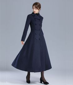 Elegant Blue Double-breasted Peacoat, Formal Wool Coat With Stand Collar For Winter, Formal Winter Wool Coat With Stand Collar, Elegant Long Wool Coat With Buttons, Elegant Double-breasted Blue Peacoat, Blue Double-breasted Elegant Peacoat, Elegant Winter Pea Coat, Elegant Blue Wool Coat, Elegant Blue Peacoat For Office